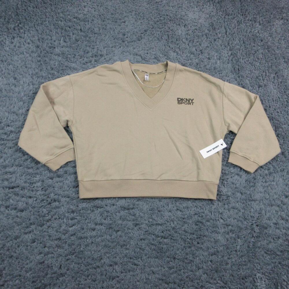 DKNY SPORT Sweatshirt Pullover Womens L Beige V-Neck Oversized 100% Cotton NWT